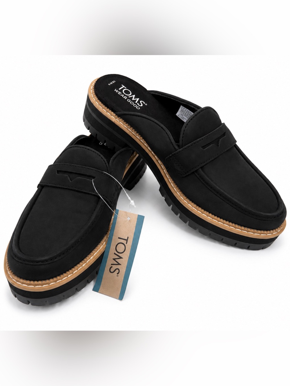 NWT Toms Cara Black Slip-On Mule Loafers with Brown Trim
